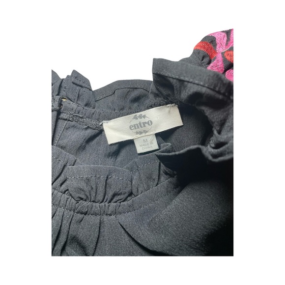 Entro Women's Black And Pink Embroidered Floral Top, Pleated Neck Size Medium - Picture 5 of 6